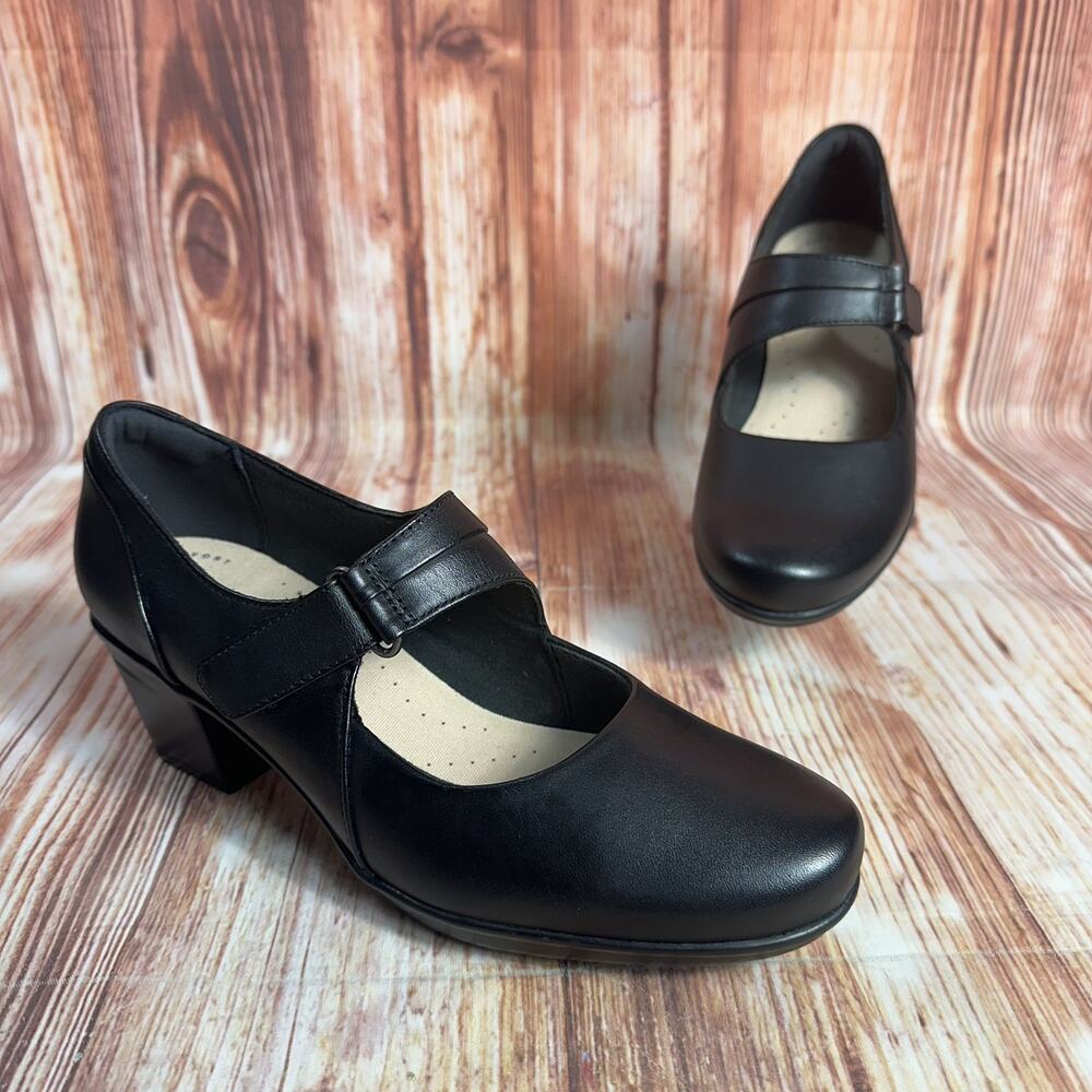 NEW Clarks EMSLIE LULIN Size 7.5 Black Leather Mary Jane Pumps Block Heel Shoes